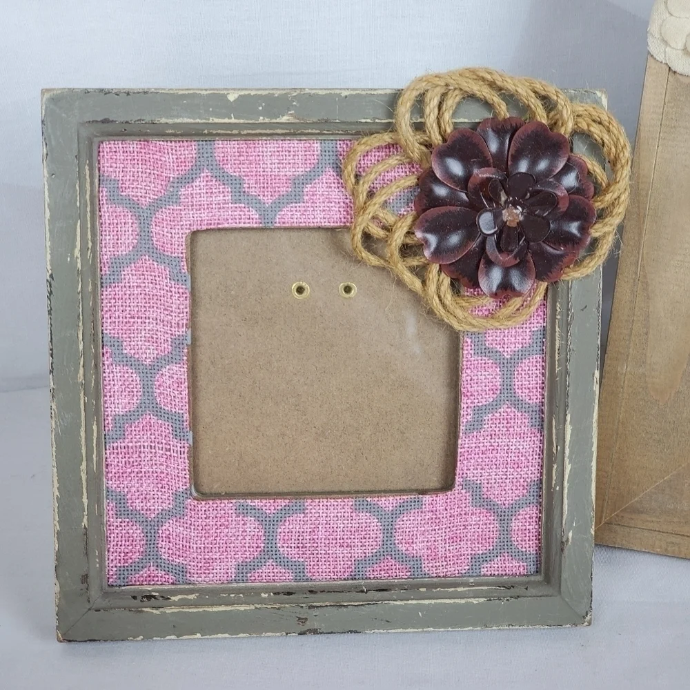 Lot of 2 floral decor wood BoHo photo frames rustic Natural Whimsicle